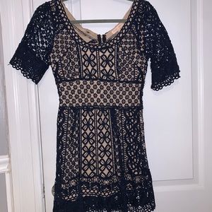 Navy Blue & Tan Lace Dress